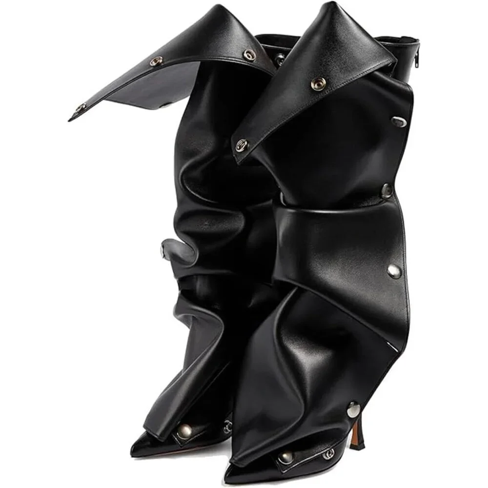 Women Black Suede Detachable Snap-off Panel Fold Over Fall Shark Knee High Boot